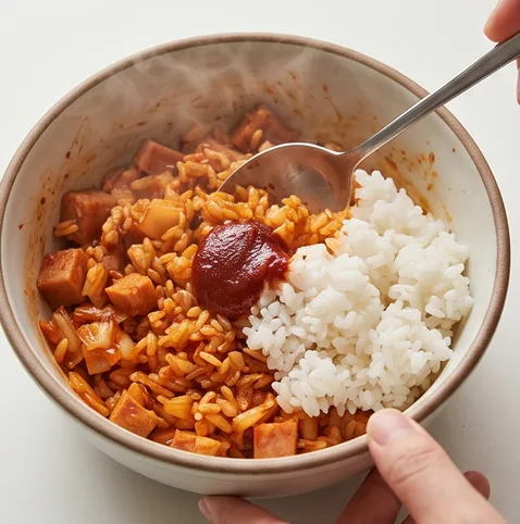 전자레인지 스팸김치 계란밥 | 5분 컷 '스팸김볶' 맛 내는 초간단 혼밥 레시피 조리 단계 3 이미지 - 전자레인지에서 꺼낸 스팸김치에 데우지 않은 즉석밥 1개와 고추장 1/3큰