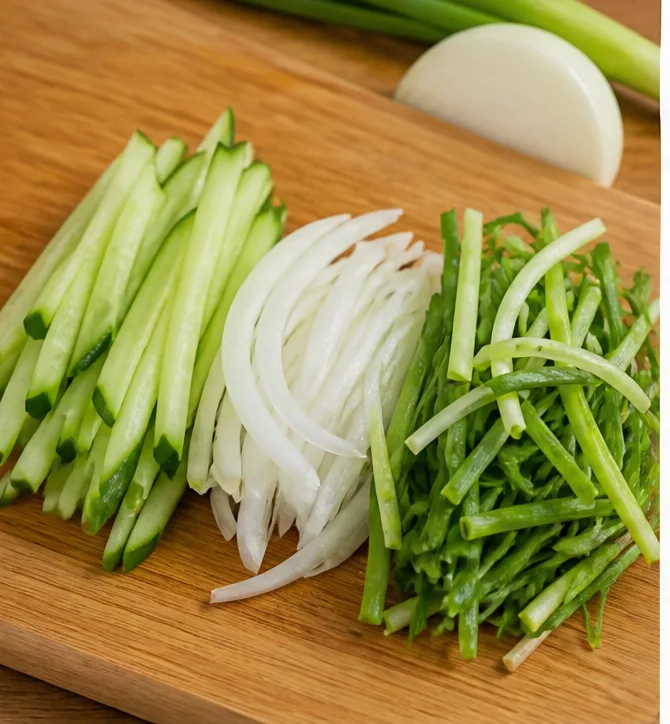 골뱅이 무침 | 비빔면 기본 소스으로 맛있게 만드는 법 조리 단계 1 이미지 - 오이 1/4개와 양파 1/4개는 가늘게 채 썰고, 대파 1/2대는 파채로