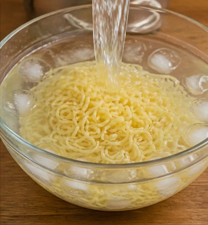 골뱅이 무침 | 비빔면 기본 소스으로 맛있게 만드는 법 조리 단계 4 이미지 - 끓는 물에 비빔면 1봉지를 넣고 봉지에 적힌 시간대로 삶은 뒤, 즉시 찬