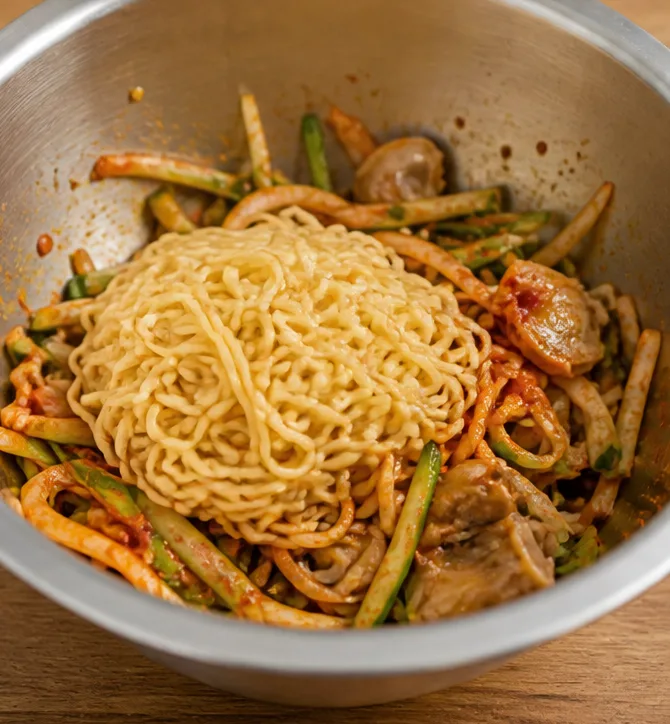 골뱅이 무침 | 비빔면 기본 소스으로 맛있게 만드는 법 조리 단계 6 이미지 - 물기를 뺀 비빔면을 볼에 넣고, 고명과 함께 전체를 고루 섞어줍니다.