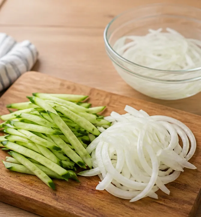 차가운 오이 비빔국수 | 얼음 없이 10분 만에 완성하는 시원한 여름 면요리 조리 단계 1 이미지 - 오이 1개는 깨끗이 씻어 얇게 채썰고, 양파 1/4개도 곱게 채썰어 찬물