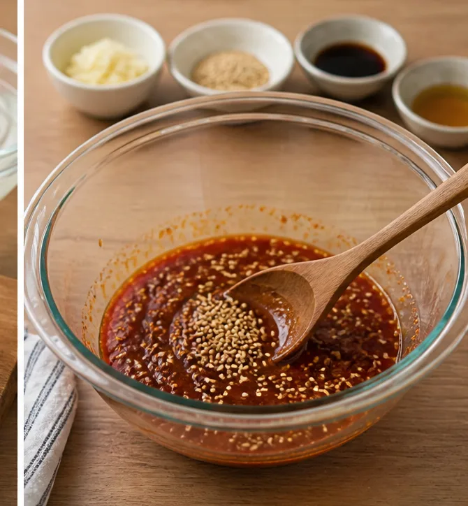 차가운 오이 비빔국수 | 얼음 없이 10분 만에 완성하는 시원한 여름 면요리 조리 단계 2 이미지 - 볼에 고추장 2큰술, 식초 1.5큰술, 설탕 1큰술, 간장 1큰술, 다진