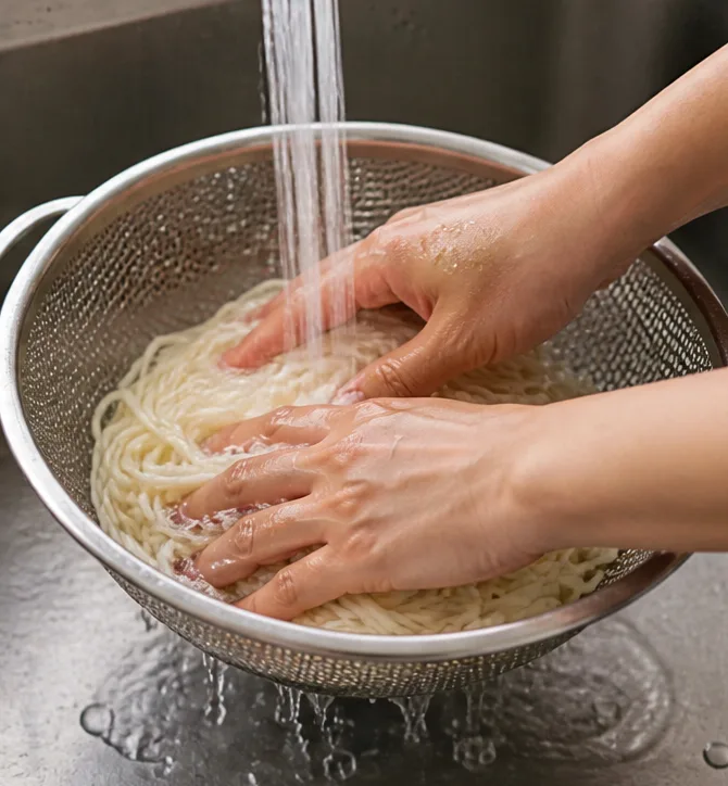 차가운 오이 비빔국수 | 얼음 없이 10분 만에 완성하는 시원한 여름 면요리 조리 단계 4 이미지 - 삶은 소면을 체에 받쳐 찬물에 여러 번 헹군 뒤, 손으로 비벼 전분기를 