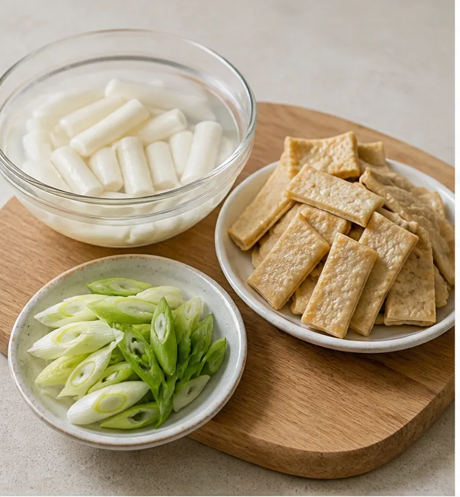 라볶이 | 분식집에서 제일 많이 먹는 레시피 조리 단계 1 이미지 - 떡볶이 떡 200g은 찬물에 10분간 담가 불려주고, 어묵 2장은 먹기