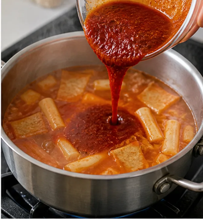 라볶이 | 분식집에서 제일 많이 먹는 레시피 조리 단계 4 이미지 - 물이 끓기 시작하면 준비한 양념장을 모두 넣어 잘 풀어줍니다.