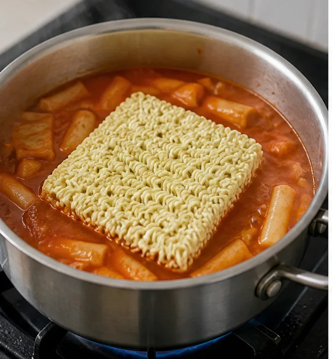 라볶이 | 분식집에서 제일 많이 먹는 레시피 조리 단계 5 이미지 - 양념이 잘 풀어지고 국물이 끓으면 라면 1봉을 그대로 넣어줍니다.