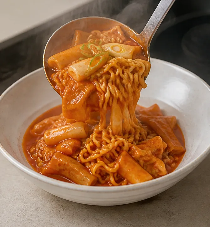 라볶이 | 분식집에서 제일 많이 먹는 레시피 조리 단계 7 이미지 - 라면이 알맞게 익고 국물이 걸쭉해지면 불을 끄고 그릇에 옮겨 담아주세요.