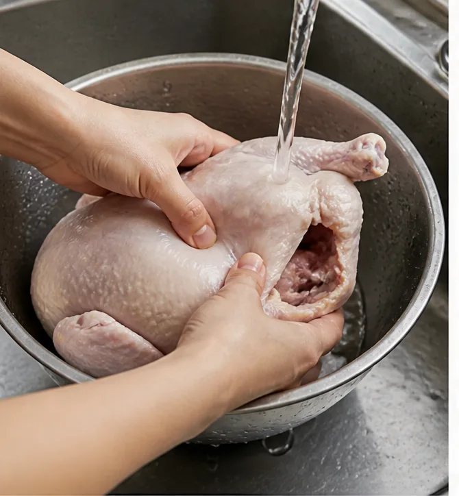 닭 백숙 | 집에서 어렵지 않게 요리할 수 있는 닭 백숙 조리 단계 1 이미지 - 생닭 1마리의 꽁지와 목 주변 두꺼운 지방을 가위로 잘라내고, 내장 뼈