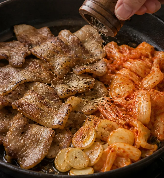 삼겹살 구이 | 집에서 소금으로만 간해서 먹는 삽겹살 조리 단계 7 이미지 - 삼겹살과 부재료가 모두 노릇하게 익으면 불을 끄고, 후추 약간을 고기 위