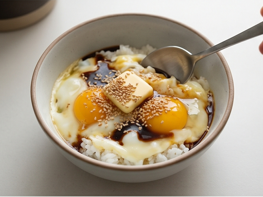 전자레인지 간장 계란밥 | 바쁜 시간, 빠르게 완성하는 레시피 조리 단계 5 이미지 - 꺼낸 밥 위에 간장, 참기름, 버터를 넣고 뜨거울 때 잘 비빈 다음 깨를